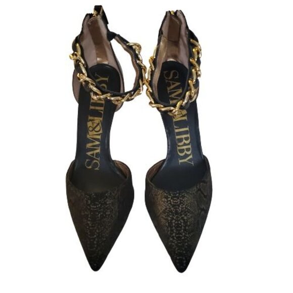 Sam & Libby Black/Gold Snake Print Ankle Chain Stiletto Heels Pumps Women's Sz 8 - Picture 3 of 12